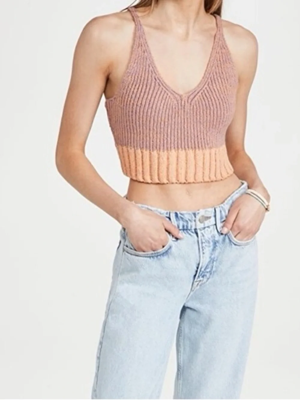Free People Here All Day Brami - Mauve + Peach - Cropped Tank/Cami - Soft Knit
